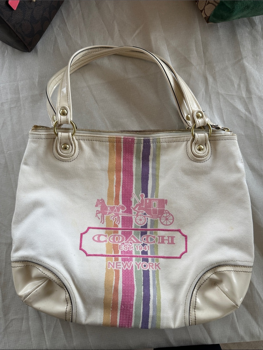 Coach Cream Canvas poppy legacy Tote with Pink and Multicolor Stripes